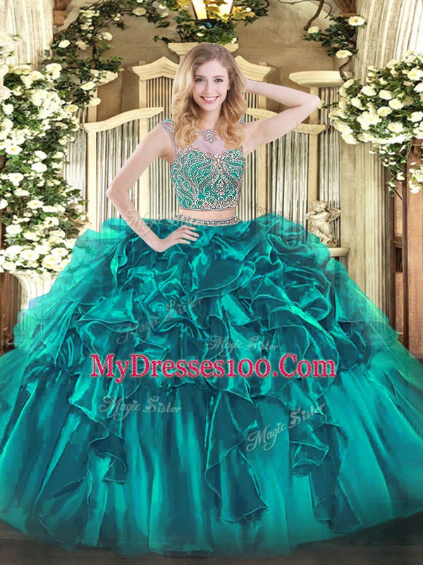 Teal Lace Up Sweet 16 Quinceanera Dress Beading and Ruffles Sleeveless Floor Length