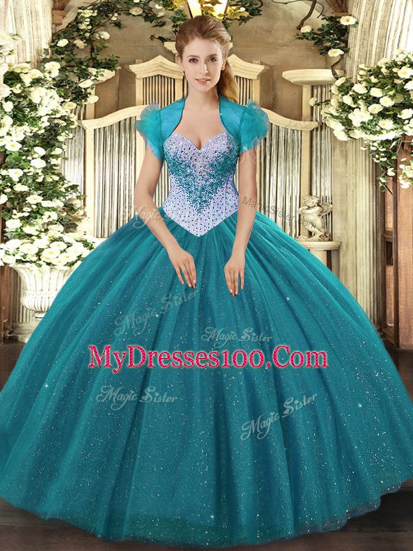Sweetheart Sleeveless Tulle Quinceanera Dresses Beading and Sequins Lace Up
