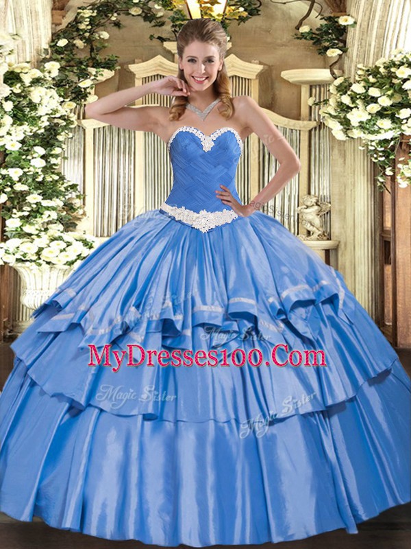 Charming Sweetheart Sleeveless Quince Ball Gowns Floor Length Appliques and Ruffled Layers Blue Organza and Taffeta