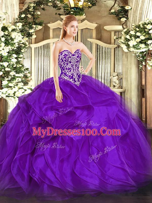 Graceful Purple Lace Up Quinceanera Dresses Beading and Ruffles Sleeveless Floor Length