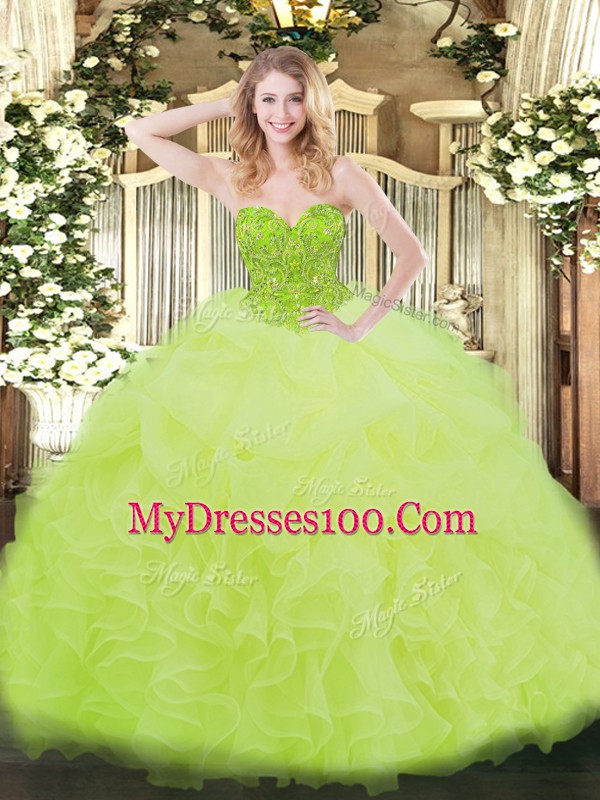 Top Selling Organza Sweetheart Sleeveless Lace Up Ruffles Ball Gown Prom Dress in Yellow Green