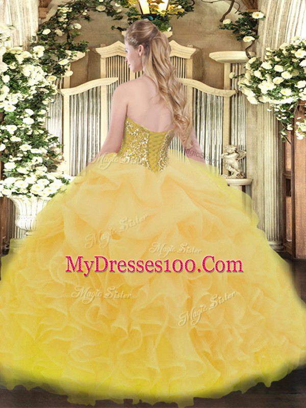 Top Selling Organza Sweetheart Sleeveless Lace Up Ruffles Ball Gown Prom Dress in Yellow Green