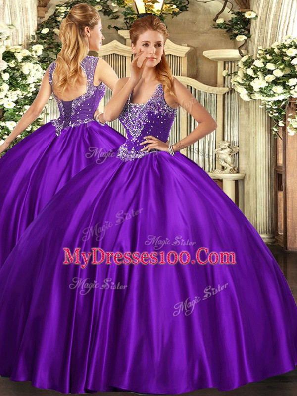 Chic Floor Length Ball Gowns Sleeveless Purple Vestidos de Quinceanera Lace Up