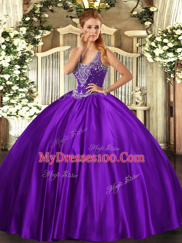 Chic Floor Length Ball Gowns Sleeveless Purple Vestidos de Quinceanera Lace Up
