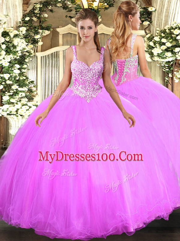 Superior Lilac Sweet 16 Dress Military Ball and Sweet 16 and Quinceanera with Beading Straps Sleeveless Lace Up