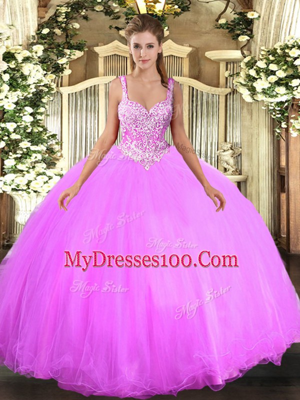 Superior Lilac Sweet 16 Dress Military Ball and Sweet 16 and Quinceanera with Beading Straps Sleeveless Lace Up