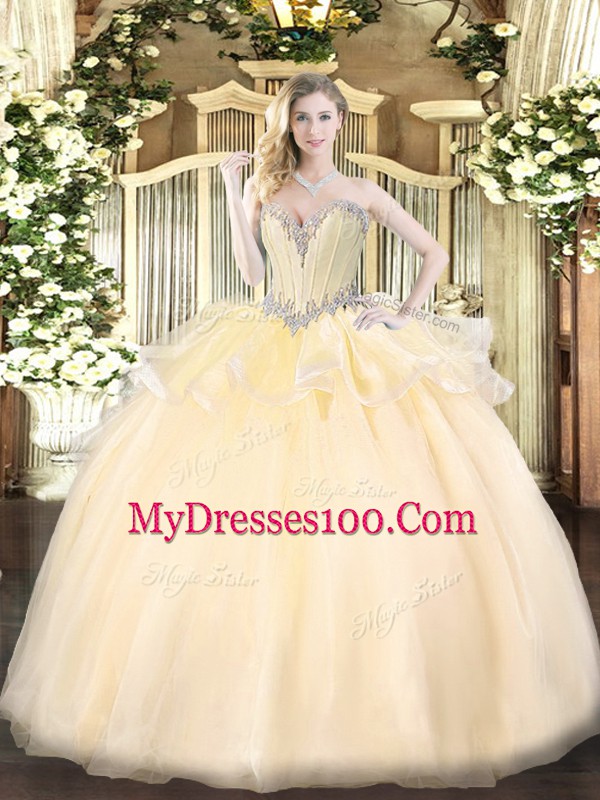 Beading 15 Quinceanera Dress Champagne Lace Up Sleeveless Floor Length
