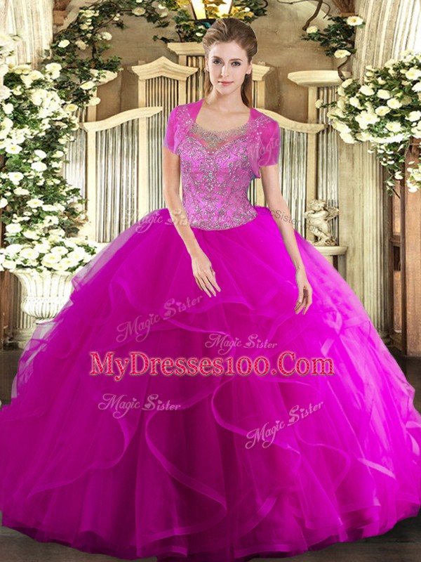 Floor Length Clasp Handle Quinceanera Dresses Fuchsia for Military Ball and Sweet 16 and Quinceanera with Beading and Ruffled Layers