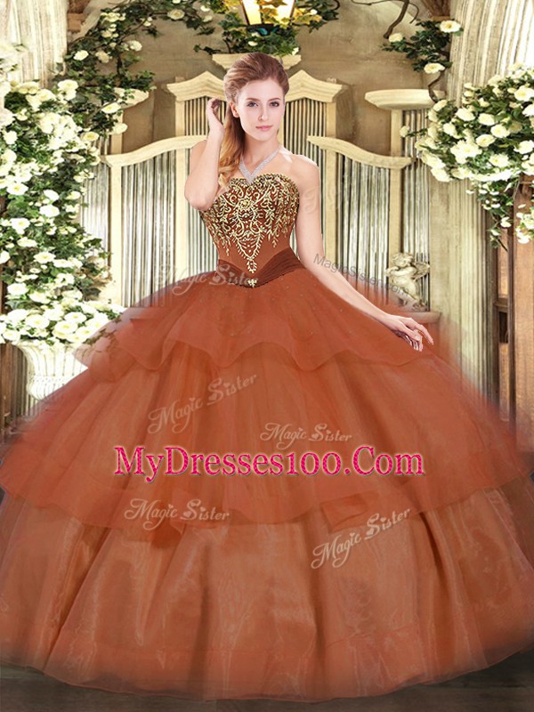 Floor Length Rust Red Vestidos de Quinceanera Tulle Sleeveless Beading and Ruffled Layers