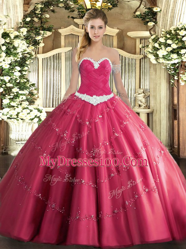 Hot Pink Ball Gowns Tulle Sweetheart Sleeveless Appliques Floor Length Lace Up Sweet 16 Dresses
