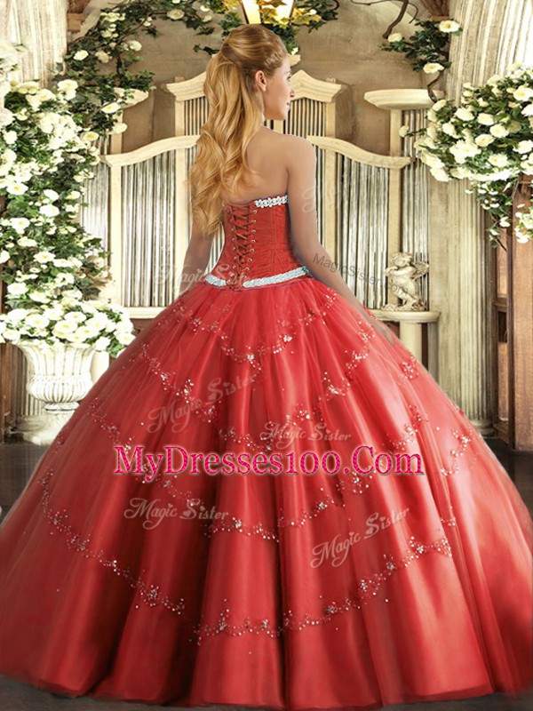 Hot Pink Ball Gowns Tulle Sweetheart Sleeveless Appliques Floor Length Lace Up Sweet 16 Dresses