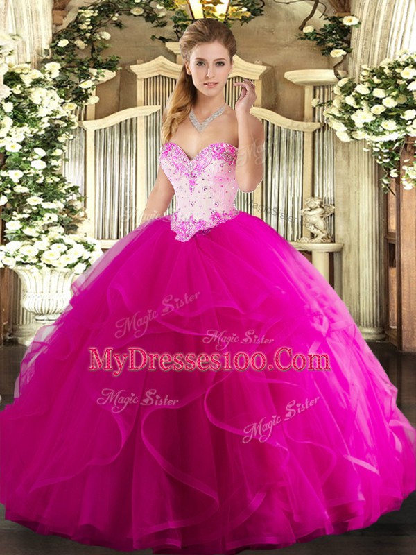 Modest Sleeveless Tulle Floor Length Lace Up Ball Gown Prom Dress in Fuchsia with Beading and Ruffles