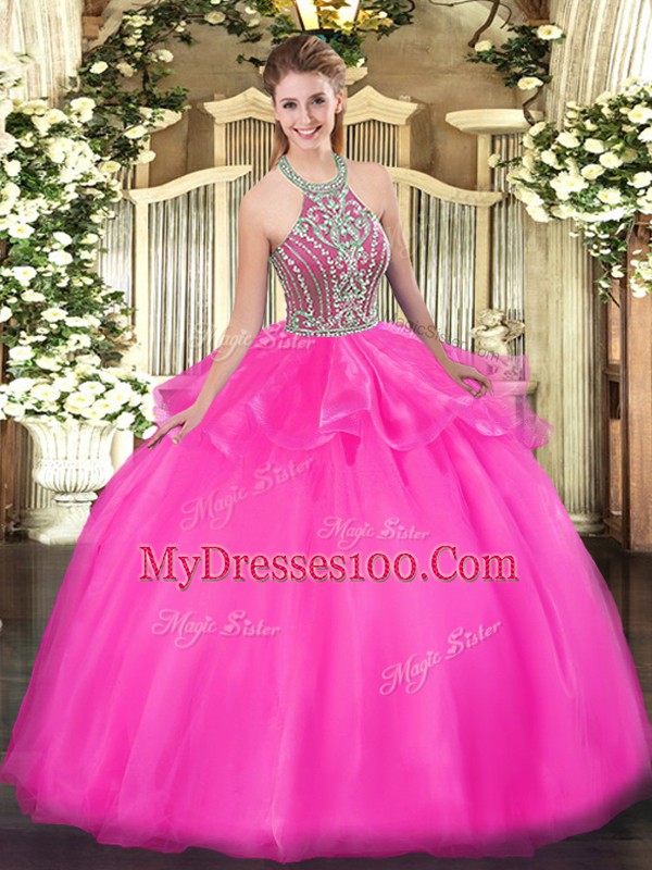 Beauteous Hot Pink Tulle Lace Up Halter Top Sleeveless Floor Length Ball Gown Prom Dress Beading and Ruffles