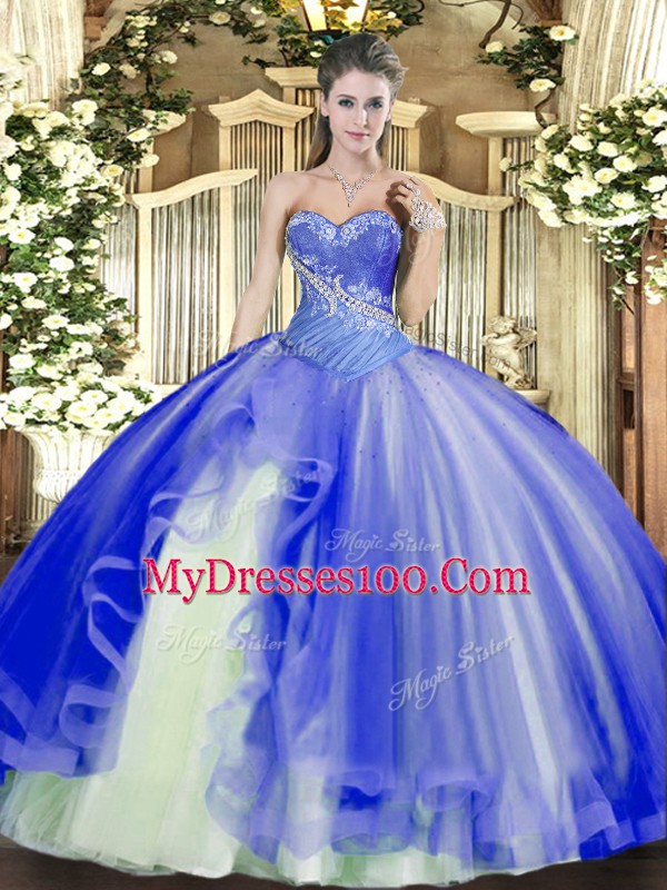 Blue Ball Gowns Tulle Sweetheart Sleeveless Beading and Ruffles Floor Length Lace Up Quinceanera Dresses