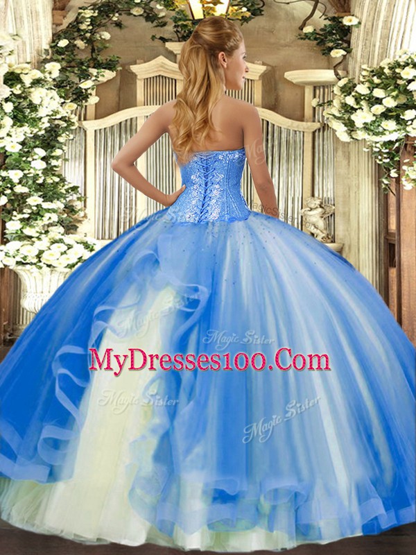 Blue Ball Gowns Tulle Sweetheart Sleeveless Beading and Ruffles Floor Length Lace Up Quinceanera Dresses