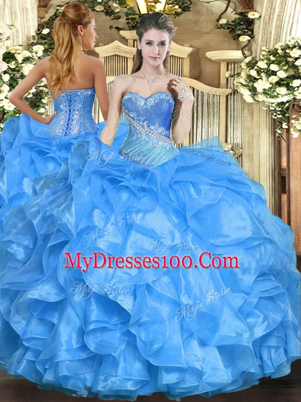Sleeveless Floor Length Beading and Ruffles Lace Up Sweet 16 Dresses with Baby Blue