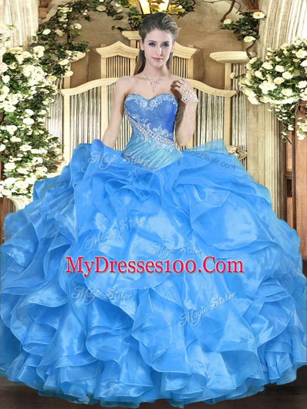 Sleeveless Floor Length Beading and Ruffles Lace Up Sweet 16 Dresses with Baby Blue