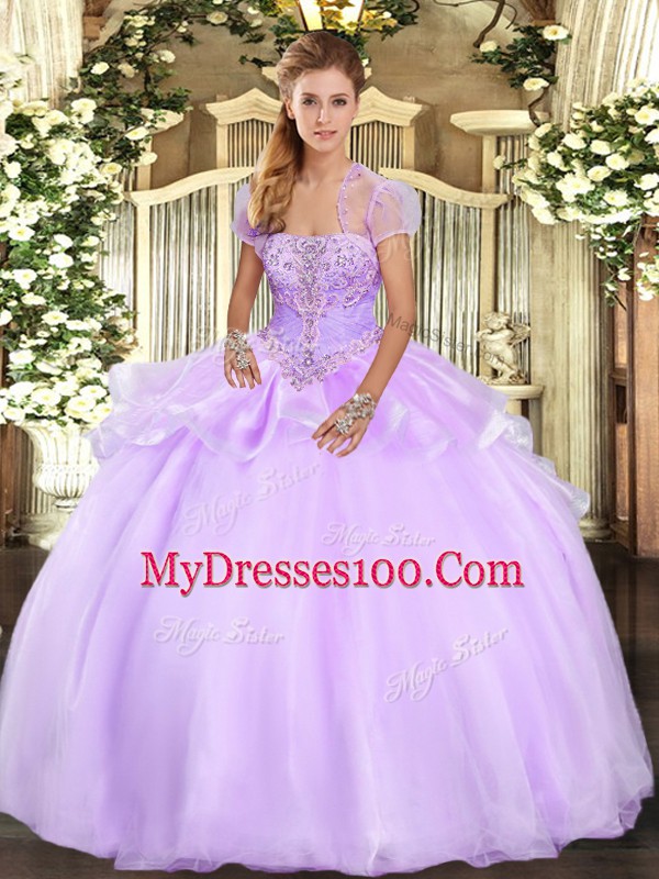 Sleeveless Organza Floor Length Lace Up Quinceanera Dresses in Lavender with Appliques