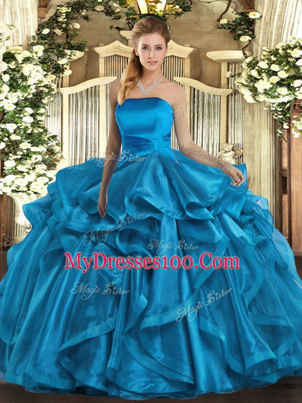 Strapless Sleeveless Lace Up Sweet 16 Quinceanera Dress Baby Blue Organza