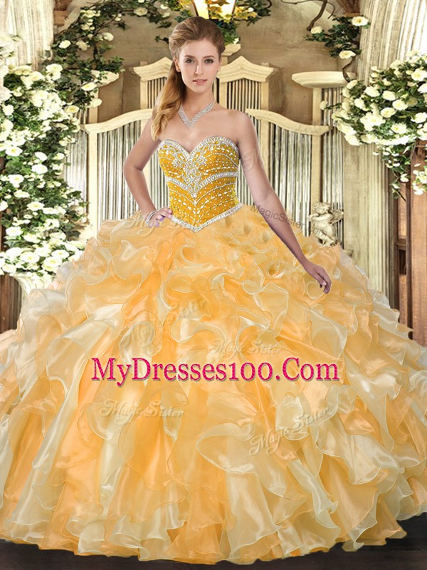 Sweetheart Sleeveless Quinceanera Dress Floor Length Beading and Ruffles Orange Organza