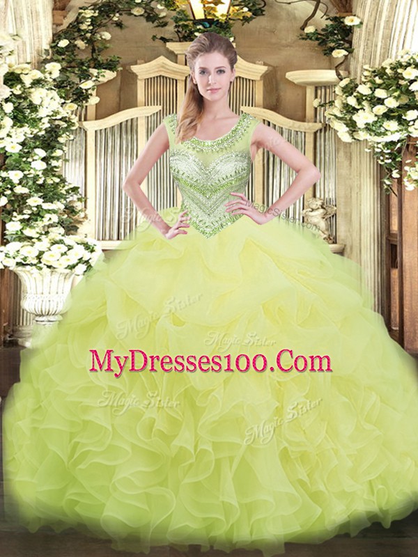 Yellow Green Scoop Lace Up Beading and Ruffles and Pick Ups 15 Quinceanera Dress Sleeveless