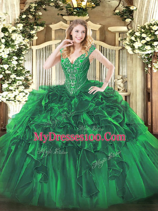 Green Ball Gowns Organza V-neck Sleeveless Beading and Ruffles Floor Length Lace Up Ball Gown Prom Dress