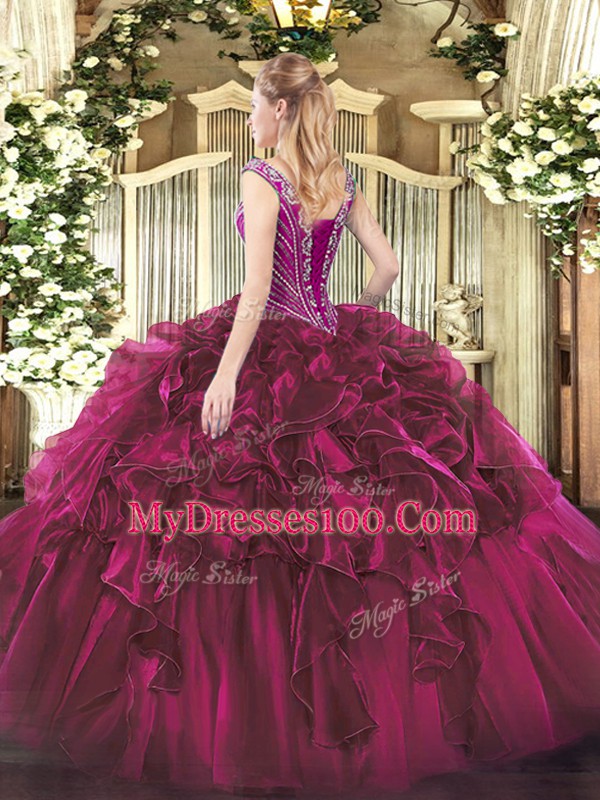 Green Ball Gowns Organza V-neck Sleeveless Beading and Ruffles Floor Length Lace Up Ball Gown Prom Dress