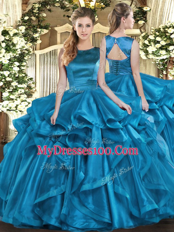 Sophisticated Ball Gowns 15 Quinceanera Dress Teal Scoop Organza Sleeveless Floor Length Lace Up