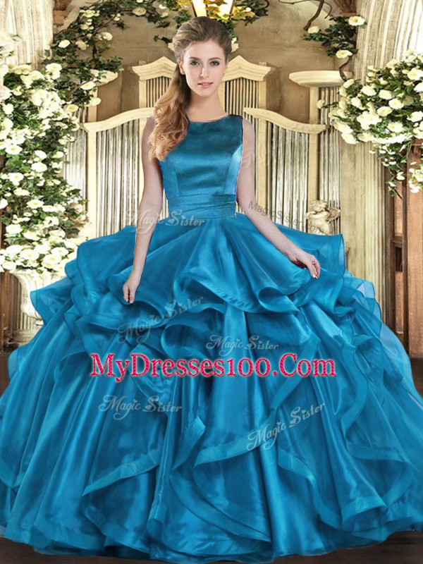 Sophisticated Ball Gowns 15 Quinceanera Dress Teal Scoop Organza Sleeveless Floor Length Lace Up
