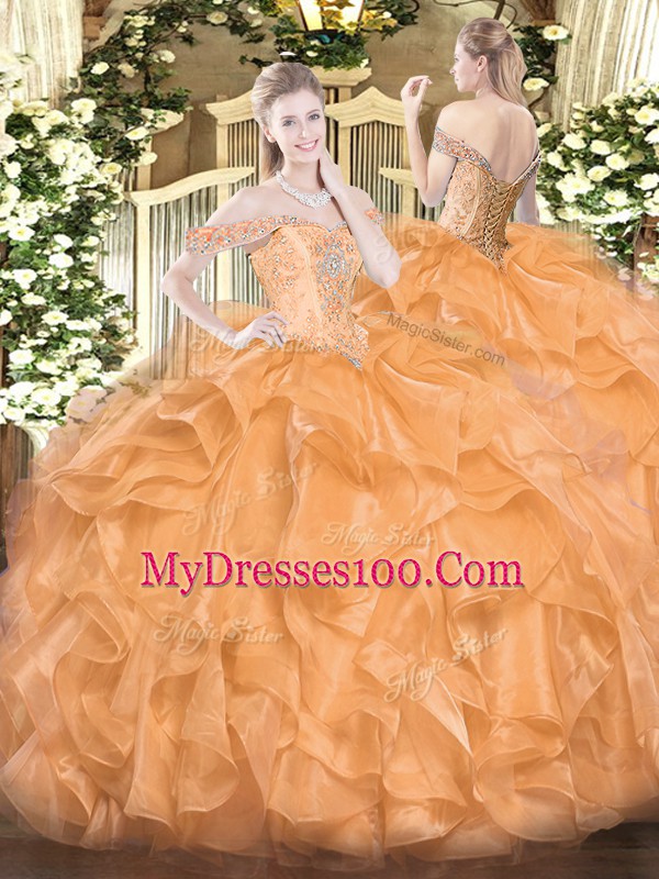 Orange Lace Up 15th Birthday Dress Beading and Ruffles Sleeveless Floor Length
