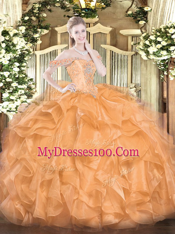Orange Lace Up 15th Birthday Dress Beading and Ruffles Sleeveless Floor Length