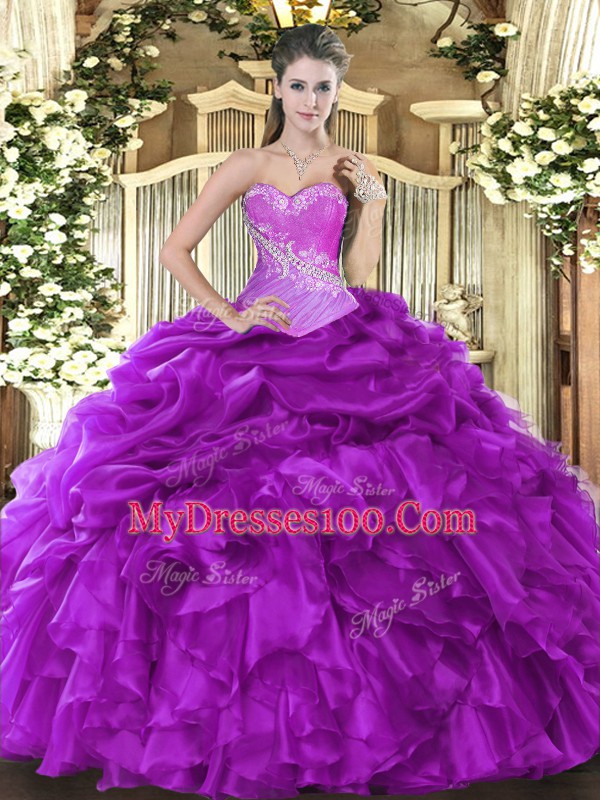 Dramatic Eggplant Purple Quinceanera Gowns Military Ball and Sweet 16 and Quinceanera with Beading and Ruffles and Pick Ups Sweetheart Sleeveless Lace Up