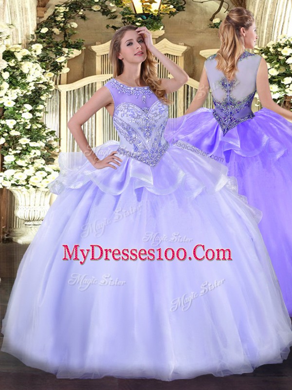 Glamorous Scoop Sleeveless Zipper Quinceanera Dress Lavender Organza