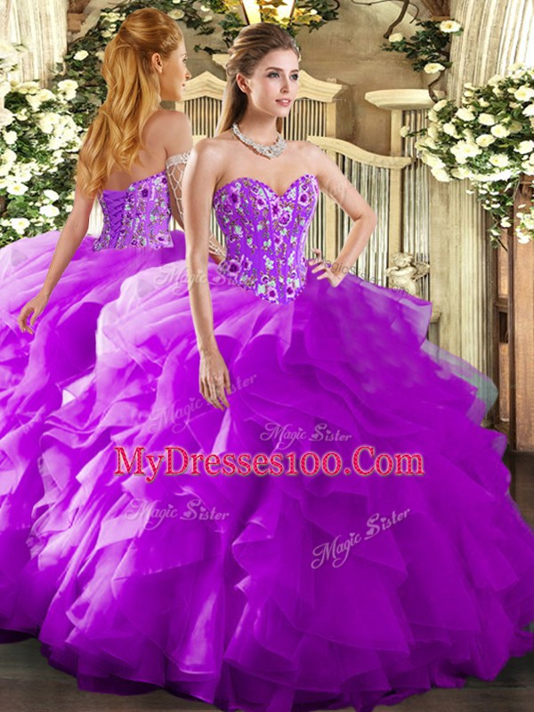 Sweet Sleeveless Lace Up Floor Length Embroidery and Ruffles Quinceanera Gowns