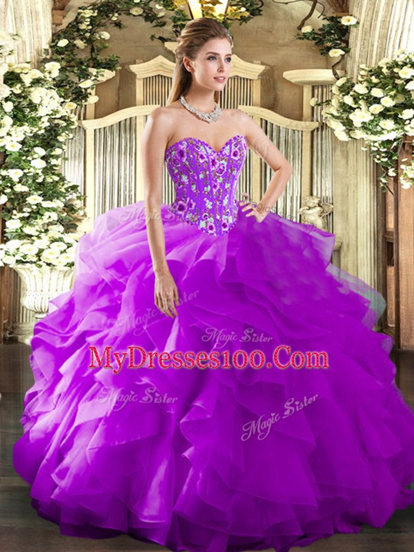 Sweet Sleeveless Lace Up Floor Length Embroidery and Ruffles Quinceanera Gowns