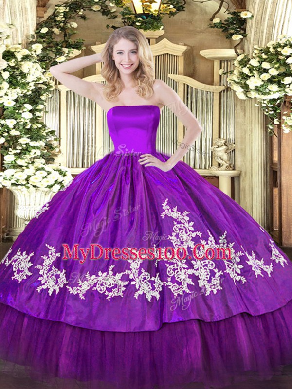 Superior Purple Zipper Strapless Embroidery Sweet 16 Quinceanera Dress Organza and Taffeta Sleeveless