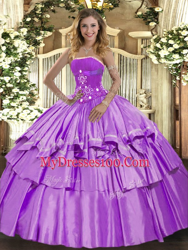 Deluxe Sleeveless Floor Length Beading and Ruffled Layers Lace Up 15 Quinceanera Dress with Lavender