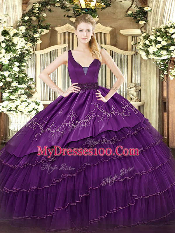 Sleeveless Organza and Taffeta Floor Length Zipper Sweet 16 Dresses in Purple with Embroidery and Ruffled Layers