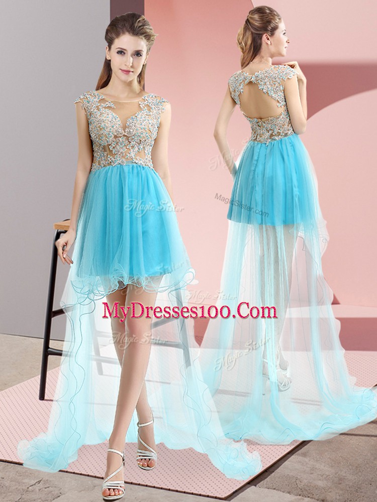 Fancy High Low Aqua Blue Prom Dress Tulle Sweep Train Sleeveless Beading