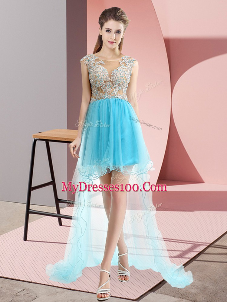 Fancy High Low Aqua Blue Prom Dress Tulle Sweep Train Sleeveless Beading