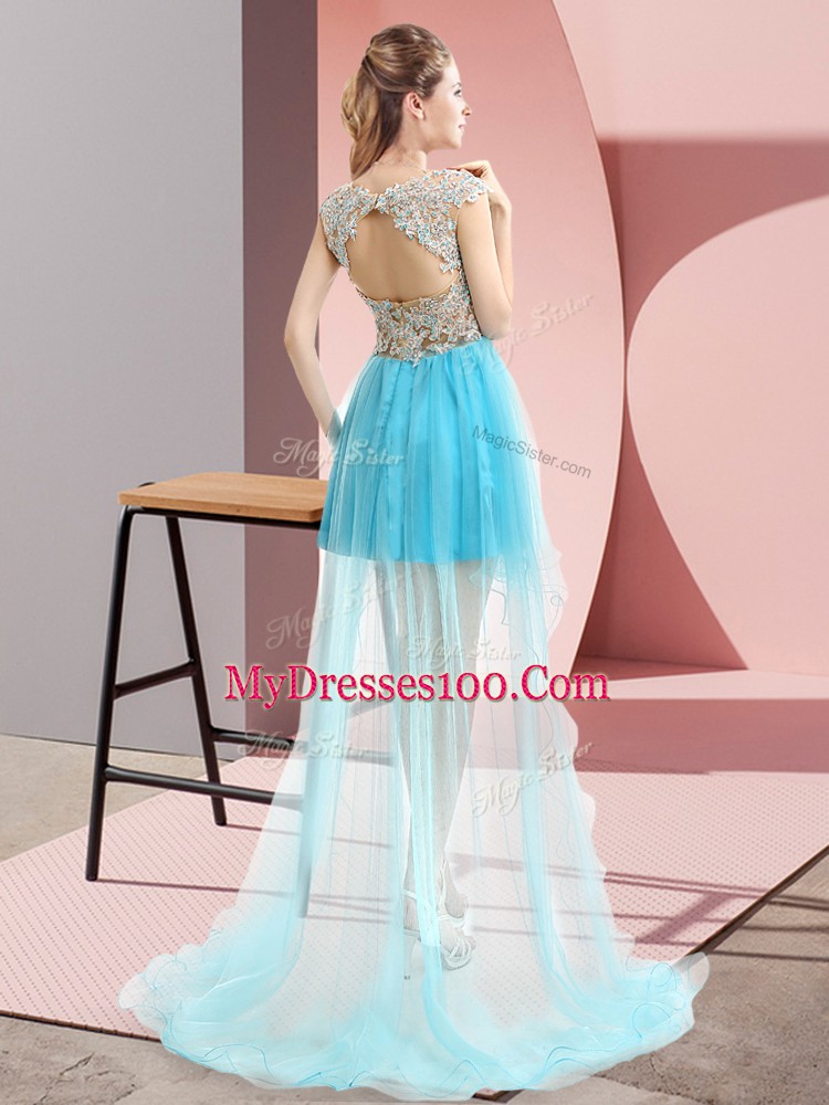 Fancy High Low Aqua Blue Prom Dress Tulle Sweep Train Sleeveless Beading