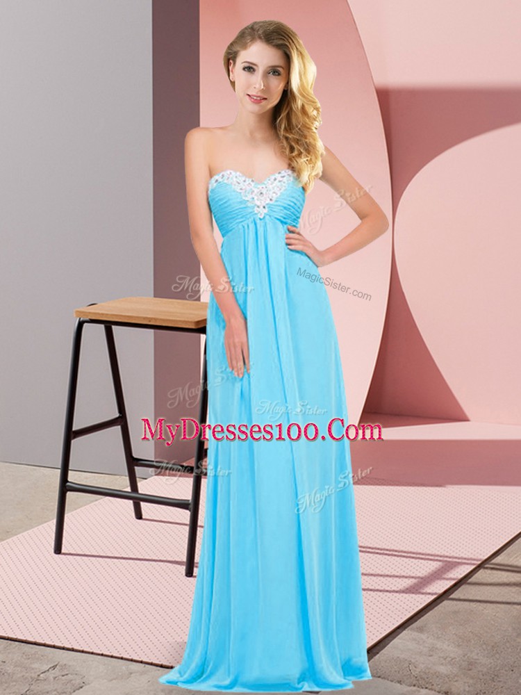 Aqua Blue Empire Sweetheart Sleeveless Chiffon Floor Length Lace Up Ruching Evening Dress
