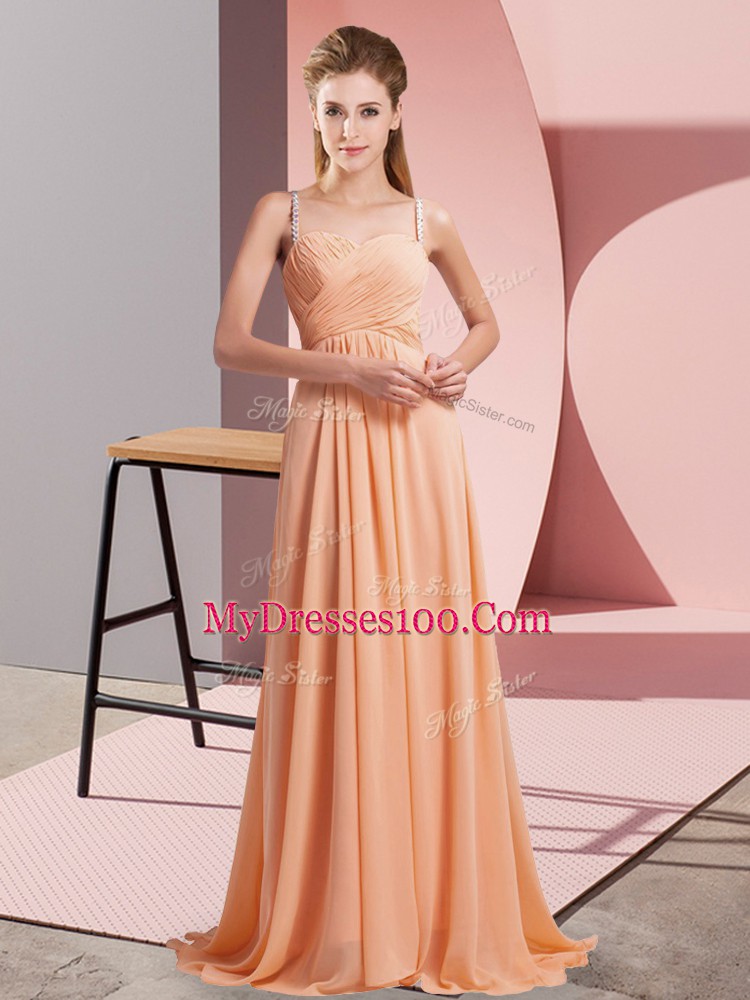 Hot Sale Sleeveless Ruching Criss Cross Prom Gown with Orange Sweep Train