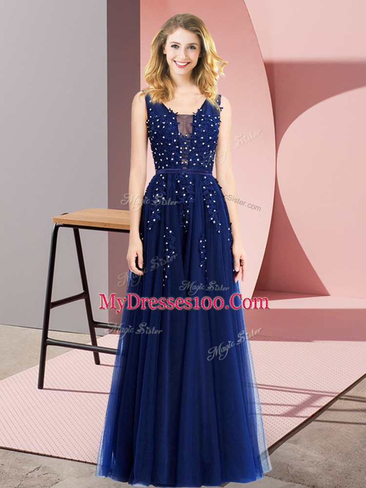 Royal Blue Backless Square Beading and Appliques Prom Dress Tulle Sleeveless