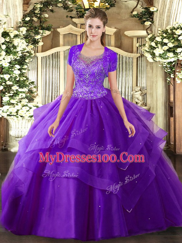 Purple Sleeveless Beading and Ruffles Floor Length Sweet 16 Dress