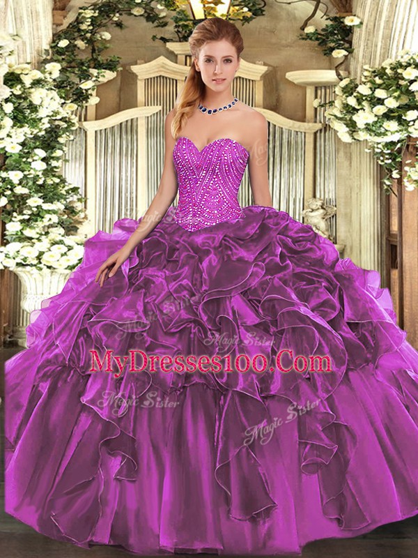 Sleeveless Beading and Ruffles Lace Up 15th Birthday Dress