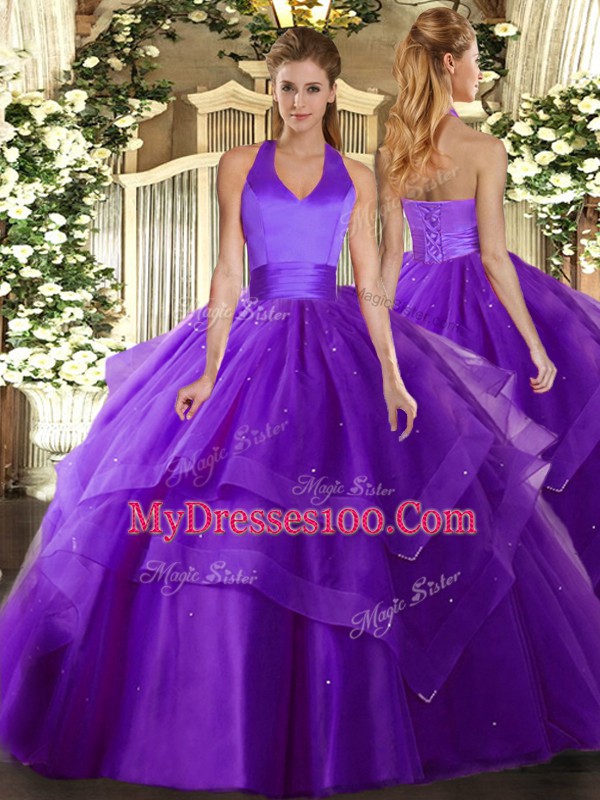 Glorious Purple Tulle Lace Up Sweet 16 Quinceanera Dress Sleeveless Floor Length Ruffled Layers