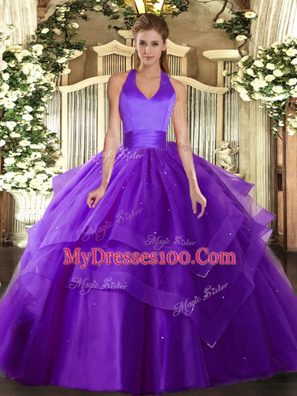 Glorious Purple Tulle Lace Up Sweet 16 Quinceanera Dress Sleeveless Floor Length Ruffled Layers