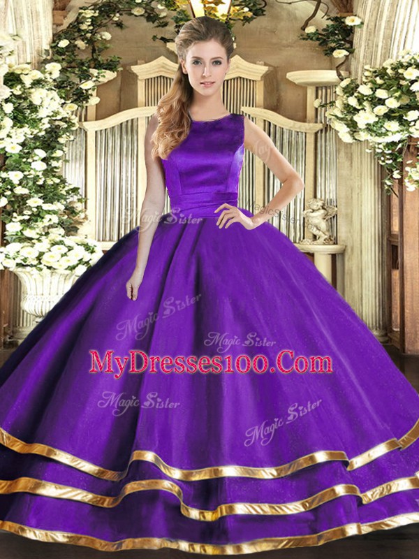 Artistic Floor Length Purple 15th Birthday Dress Tulle Sleeveless Ruffled Layers