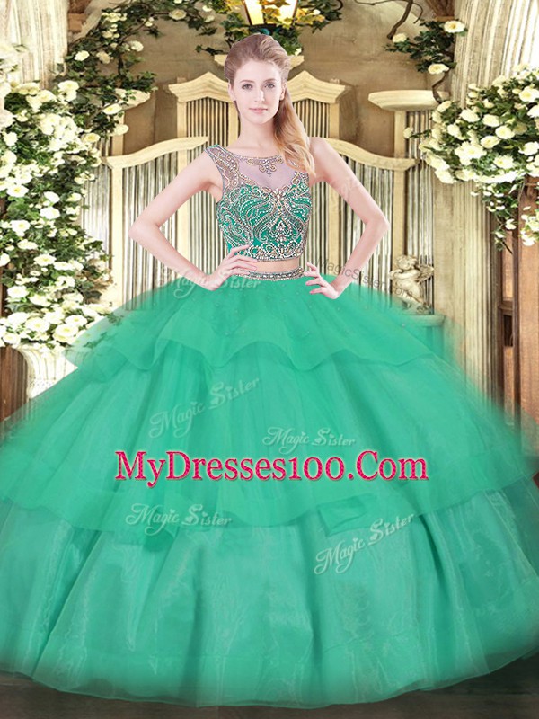 Scoop Sleeveless Tulle Quinceanera Gown Beading and Ruffled Layers Lace Up